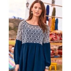 Sundance Navy Blue Embroidered Baby Doll Top Long Sleeve Women L Boho Peasant